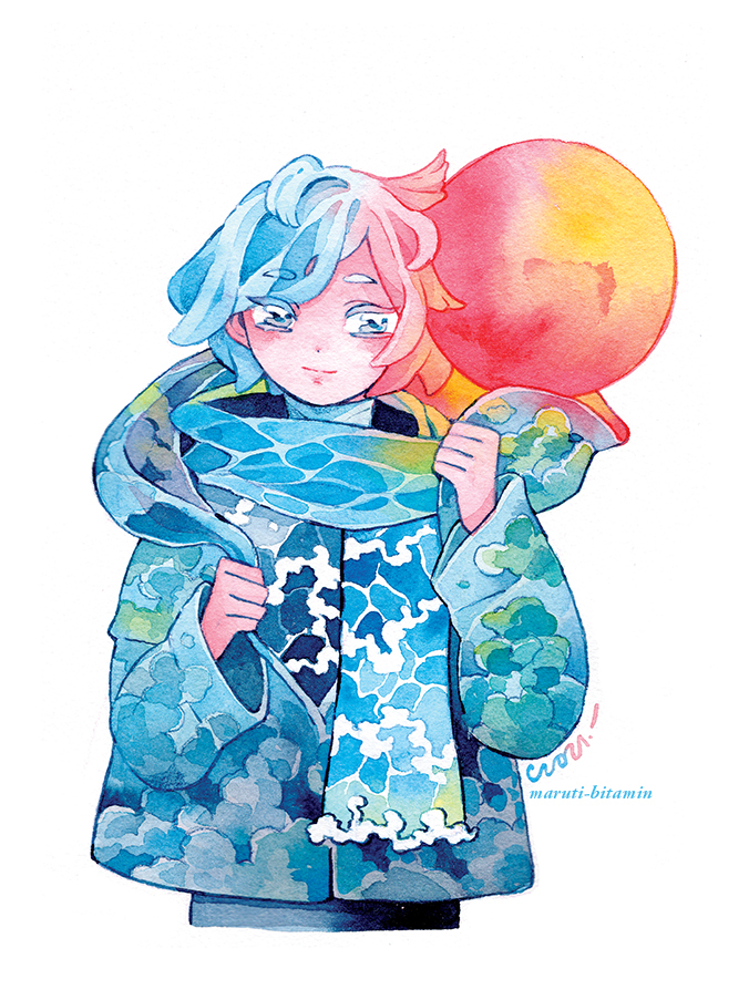 1boy artist_name blue_clouds blue_eyes blue_hair blue_jacket blue_scarf blue_shirt caustics cloud_print colored_eyelashes foaming_waves holding holding_unworn_clothes hood hood_down jacket male_focus maruti_bitamin multicolored_hair ocean original painting_(medium) pink_hair red_light red_sun scarf sea_spray shirt simple_background smile solo traditional_media turtleneck two-tone_hair water watercolor_(medium) wave_print white_background