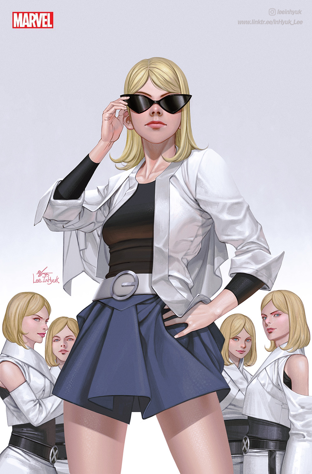 5girls artist_name belt black_belt black_shirt blonde_hair blue_eyes blue_skirt breasts celeste_cuckoo clothing_cutout copyright_name esme_cuckoo hand_on_own_hip highres in-hyuk_lee instagram_logo instagram_username irma_cuckoo logo marvel medium_breasts miniskirt multiple_girls open_clothes open_shirt phoebe_cuckoo shirt shoulder_cutout siblings signature silver_belt simple_background skirt sophie_cuckoo stepford_cuckoos sunglasses twins white_background white_shirt x-men