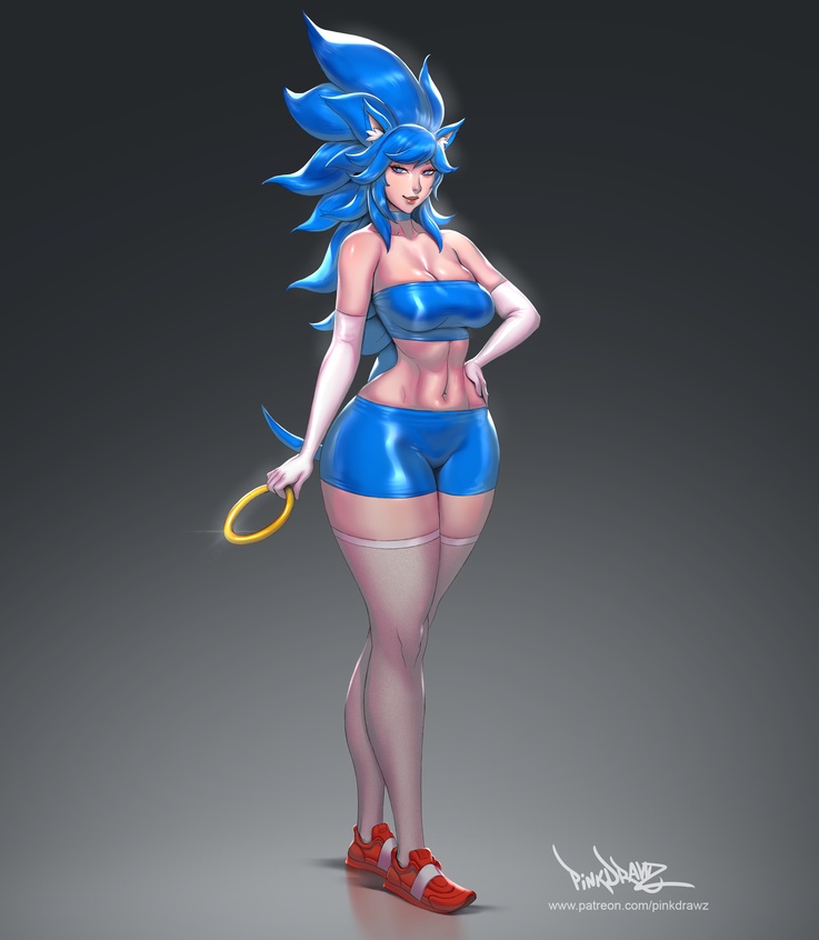 1girl blue_shorts breasts cleavage elbow_gloves genderswap genderswap_(mtf) gloves green_eyes latex lips personification pinkdrawz pointy_ears shoes shorts sidelocks skindentation sneakers sonic_(series) sonic_the_hedgehog strapless thighhighs tube_top white_gloves white_thighhighs