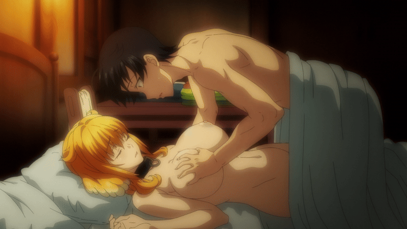 1boy 1girl animal_ears animated animated_gif bed bed_sheet bedroom black_hair breasts closed_eyes collar dog_ears dog_girl grabbing grabbing_another's_breast groping hetero isekai_meikyuu_de_harem_wo kaga_michio large_breasts lying medium_hair navel nipples nude on_back on_bed open_mouth orange_hair roxanne_(isekai_meikyuu_de_harem_wo) sex_slave short_hair slave stomach toned toned_male unworn_clothes