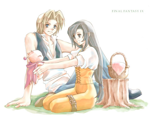 arm_support bad_id belt black_hair black_shoes black_vest blonde_hair blue_eyes cape collared_shirt commentary_request copyright_name creature day final_fantasy final_fantasy_ix garnet_til_alexandros_xvii grey_eyes holding holding_creature knee_up long_hair low-tied_long_hair moogle on_grass open_mouth orange_corset orange_pants outdoors pants parted_bangs picnic_basket puffy_short_sleeves puffy_sleeves red_cape rendezvous shirt shoes short_sleeves sitting smile thigh_belt thigh_strap tree_stump vest white_background white_shirt wicker_basket zidane_tribal