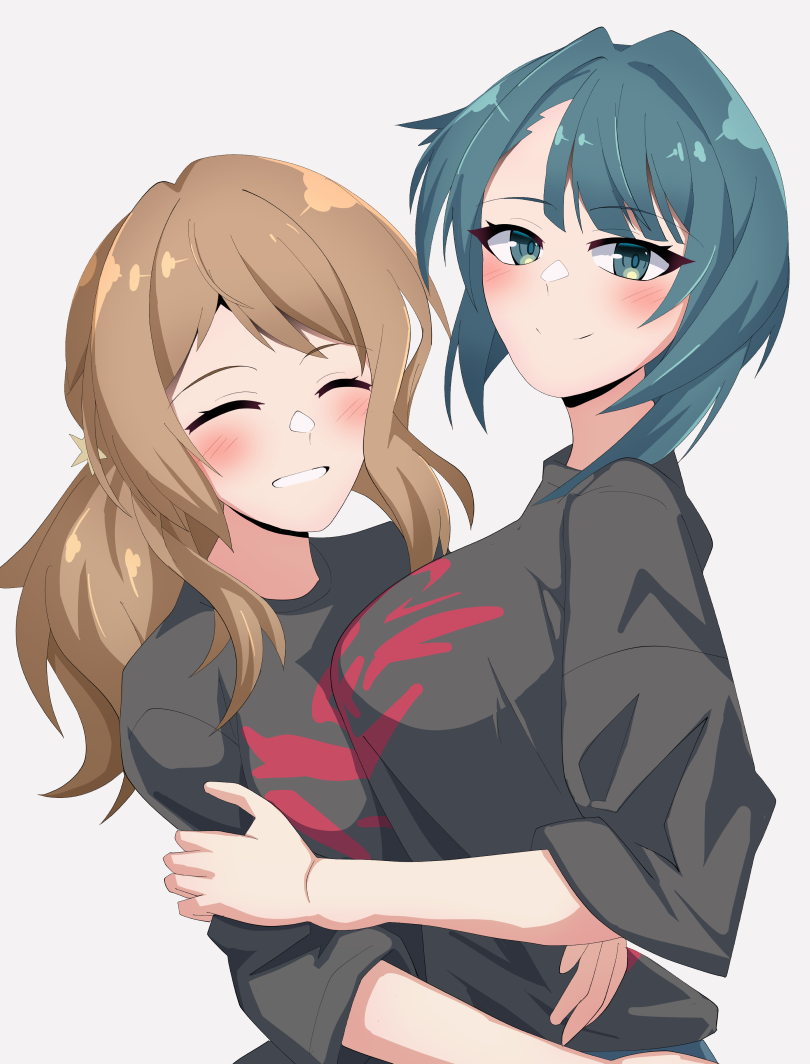 2girls ^_^ aizawa_kazuha assault_lily asymmetrical_docking asymmetrical_hair black_shirt blue_eyes blue_hair blush breast_press breasts brown_hair closed_eyes closed_mouth commentary_request from_side grey_background hair_ornament hand_on_another&#039;s_arm hug iijima_renka ishitsuma_canon large_breasts looking_at_viewer looking_to_the_side low_ponytail multiple_girls ponytail print_shirt shirt side_ponytail simple_background smile star_(symbol) star_hair_ornament three-quarter_sleeves upper_body