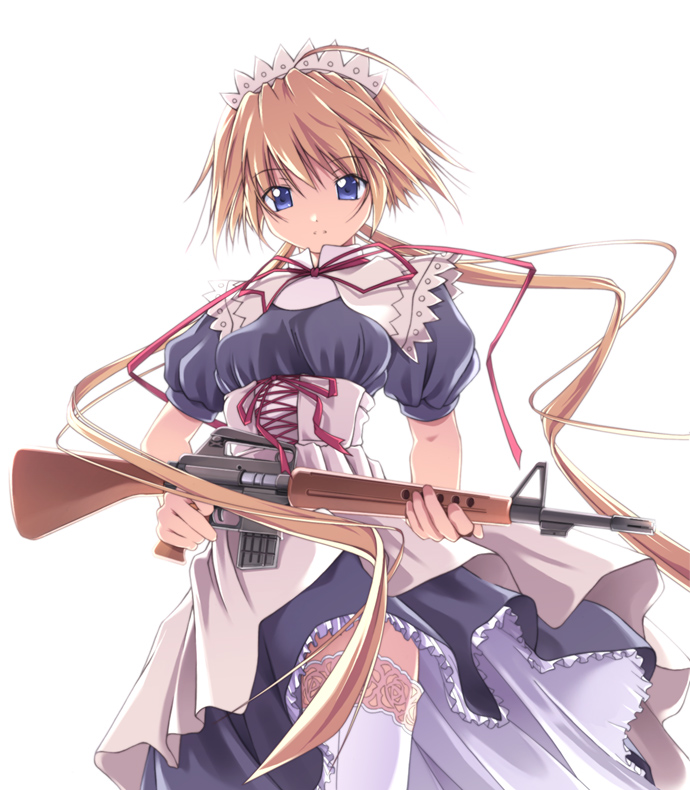 1girl ahoge ar-10 battle_rifle blonde_hair blue_eyes bonnet combat_maid duplicate female_focus geisya gun lace lace-trimmed_legwear lace_trim lingerie long_hair maid maid_headdress original petticoat rifle simple_background solo thighhighs underwear very_long_hair weapon white_background white_thighhighs zettai_ryouiki