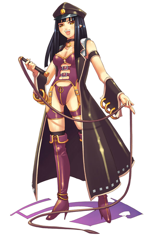 1girl bdsm black_hair boots brown_eyes choker dominatrix female_focus full_body hat hirano_katsuyuki leotard long_hair meiv_(spectral_souls) official_art peaked_cap purple_boots purple_thighhighs smile solo spectral_(series) spectral_souls thigh_boots thighhighs whip white_background