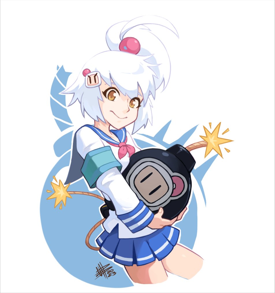 armband bomb bomberman explosive high_ponytail holding holding_bomb lit_fuse looking_at_viewer mateus_upd ponytail school_uniform shiro_(bombergirl) video_game white_bomberman white_hair