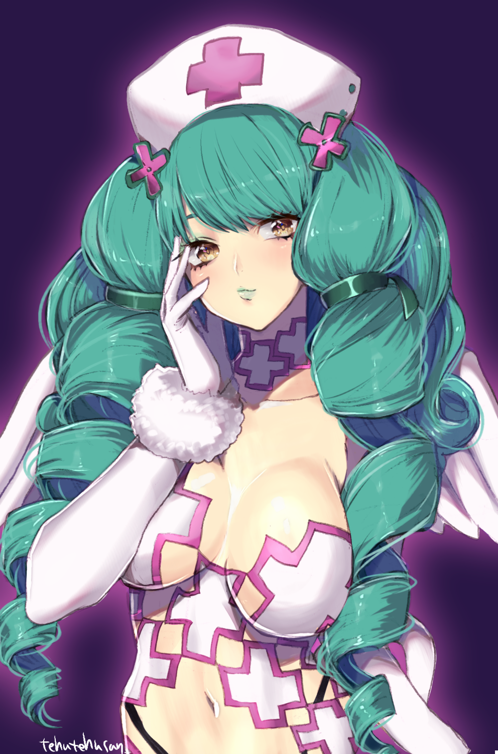 1girl breasts closed_mouth cross drill_hair elbow_gloves fiore_brunelli gloves greek_cross green_hair hat highres large_breasts lipstick long_hair looking_at_viewer makeup murata_tefu revealing_clothes simple_background smile solo star_ocean star_ocean_anamnesis star_ocean_integrity_and_faithlessness yellow_eyes