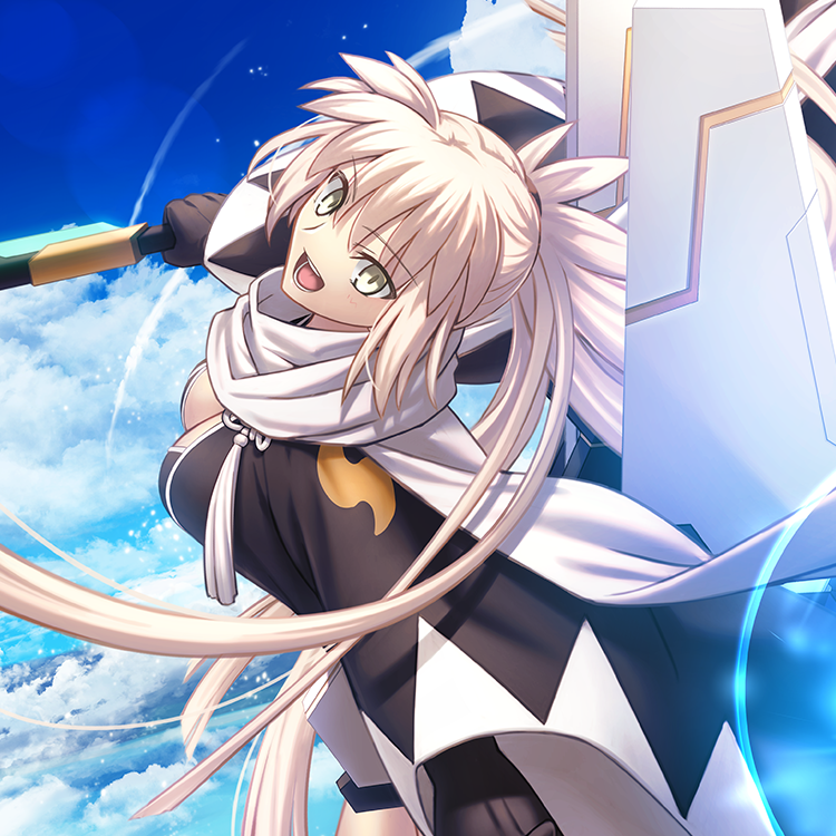 1girl black_gloves black_kimono blonde_hair breasts cleavage color_coordination fate/grand_order fate_(series) gloves haori holding holding_sword holding_weapon jacket japanese_clothes katana kimono koha-ace large_breasts long_hair medium_breasts multiple_swords okita_j._souji_(fate) okita_j._souji_(second_ascension)_(fate) okita_souji_(fate) okobo platform_sandals ponytail sandals scarf shinsengumi shoori_(migiha) smile solo swimsuit sword thighhighs very_long_hair weapon white_scarf wide_sleeves yellow_eyes