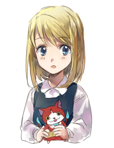 1girl :o aged_down blonde_hair blue_eyes character_doll crossover expressionless female_focus fullmetal_alchemist holding jibanyan long_sleeves looking_away open_mouth riru shirt short_hair simple_background solo traditional_youkai upper_body white_background white_shirt winry_rockbell youkai_watch
