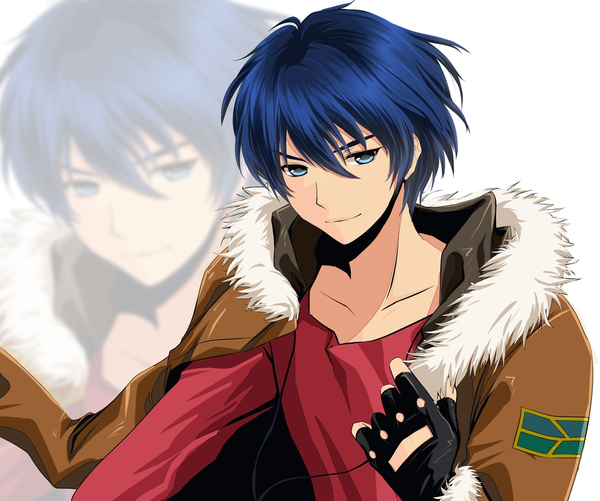 1boy blue_eyes blue_hair fingerless_gloves jacket joshua_radcliffe male_focus matching_hair/eyes shiwa_(utaha) solo super_robot_wars zoom_layer