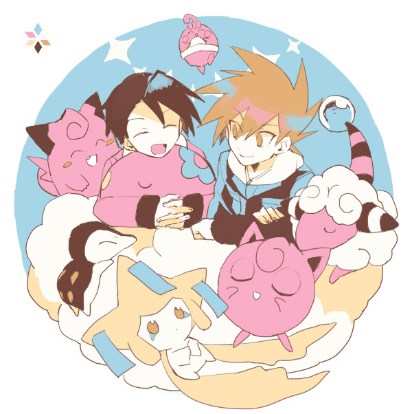 2boys blue_oak clefairy cloud cyndaquil ethan_(pokemon) flaaffy gen_1_pokemon gen_2_pokemon gen_3_pokemon gen_4_pokemon gen_5_pokemon happiny holding holding_pokemon jigglypuff jirachi legendary_pokemon light_smile male_focus multiple_boys munna mythical_pokemon nintendo pastel_colors pink_theme pokemon pokemon_(creature) pokemon_hgss simple_background smcms-m smile