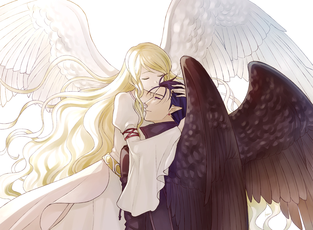 1boy 1girl akke black_wings blonde_hair blue_hair closed_eyes commentary_request dress earrings feathered_wings fire_emblem fire_emblem:_radiant_dawn hug jewelry laguz_(fire_emblem) leanne_(fire_emblem) long_hair naesala_(fire_emblem) nintendo pointy_ears simple_background very_long_hair white_dress white_wings wings