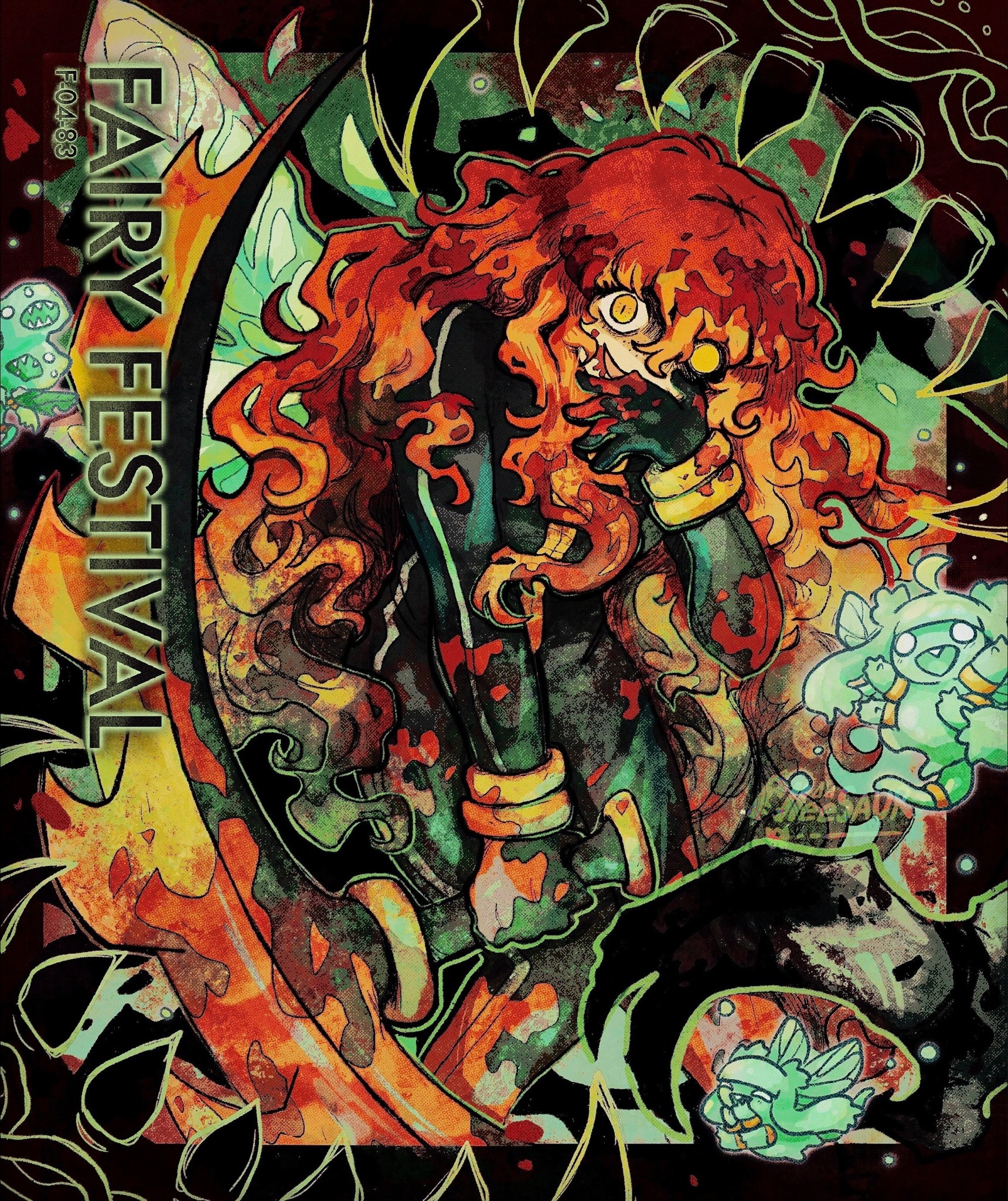 1girl alleesaur artist_name black_bodysuit black_gloves bladed_tonfa blood blood_from_mouth blood_in_hair blood_on_arm blood_on_clothes blood_on_face blood_on_hands blood_on_leg blood_splatter bloody_weapon bodysuit character_name commentary e.g.o_(project_moon) english_commentary fairy_festival fairy_wings freckles gloves green_outline hair_between_eyes hand_on_own_face highres holding holding_weapon ishmael_(project_moon) limbus_company long_hair looking_at_viewer one_eye_in_shadow open_mouth orange_hair outline project_moon sidelocks single_glove smile solo tonfa very_long_hair weapon wide-eyed wingbeat_(e.g.o) wings yellow_eyes