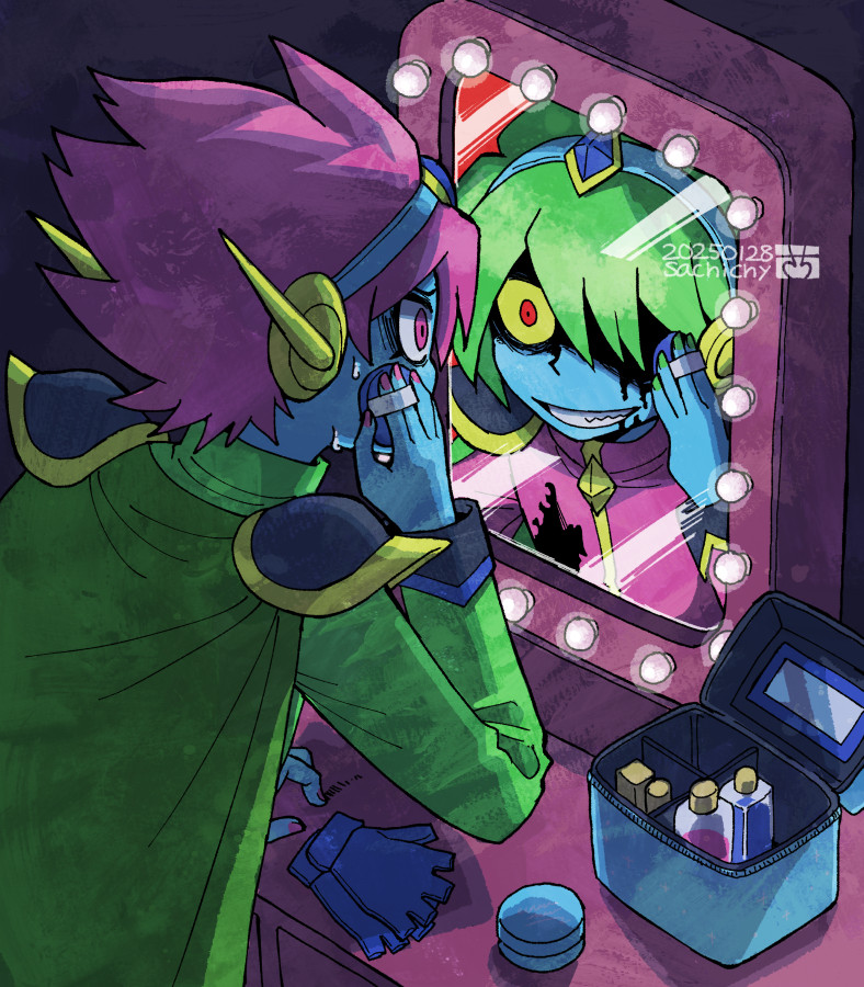 1boy aizawa_sachi blue_gloves blue_skin cape captain_spaceboy colored_skin different_reflection gloves green_cape long_sleeves looking_at_mirror male_focus mirror omori pink_eyes pink_hair pink_nails reflection short_hair solo unworn_gloves