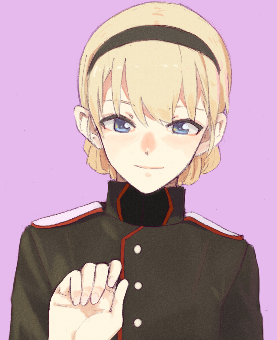 black_hairband blonde_hair blue_eyes braid buttons collared_jacket commentary_request curled_fingers dot_nose eyebrows_hidden_by_hair hair_between_eyes hairband high_collar jacket light_smile long_hair looking_at_viewer noble_witches pink_background rosalie_de_hemricourt_de_grunne shiratama_(hockey) shoulder_boards sidelocks simple_background upper_body waving world_witches_series