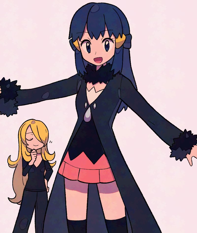 2girls :d black_coat black_collar black_pants black_shirt black_thighhighs blonde_hair borrowed_clothes closed_eyes closed_mouth coat collar curly_hair cynthia_(pokemon) dawn_(pokemon) eyelashes fur_collar hair_ornament hair_over_one_eye hairclip hand_up happy long_hair long_sleeves multiple_girls nintendo open_mouth pants pink_skirt pokemon pokemon_dppt shirt sidelocks simple_background skirt smile thighhighs tyako_089 u_u