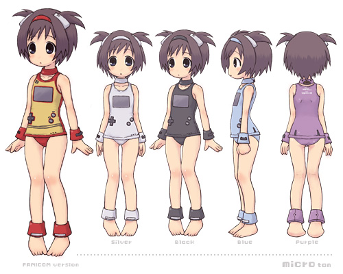 1girl :o alternate_color anklet ass barefoot black_one-piece_swimsuit blue_eyes blush bob_cut brown_hair reference_sheet child choker emoncake. english_text feet flat_chest from_behind full_body game_boy game_boy-tan game_boy_(original) game_boy_micro game_boy_micro-tan gameboymicrotan grey_hair hairband handheld_game_console jewelry lowres multiple_views nintendo one-piece_swimsuit open_mouth personification product_girl profile purple_one-piece_swimsuit purple_school_swimsuit school_swimsuit short_hair short_twintails simple_background standing swimsuit thigh_gap turnaround twintails variations white_one-piece_swimsuit white_school_swimsuit wristband yellow_one-piece_swimsuit