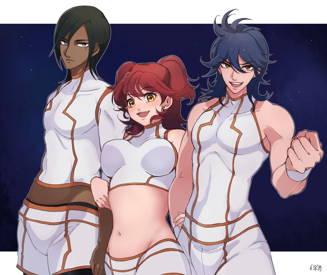 1girl 2boys brother_and_sister brothers clenched_hand cowboy_shot earrings freckles gundam gundam_00 impossible_clothes jewelry johann_trinity long_hair michael_trinity midriff multiple_boys navel nena_trinity open_mouth red_hair siblings two_side_up wristband yellow_eyes