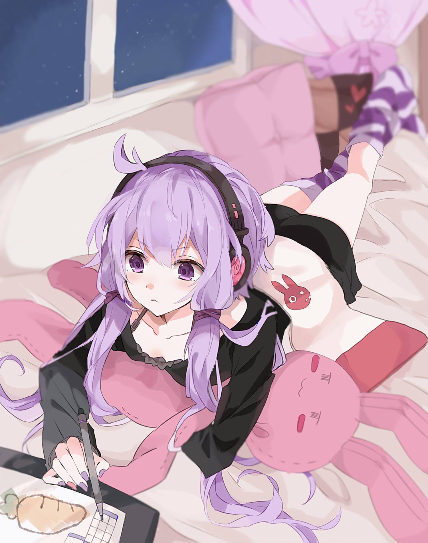 1girl :< bed blanket blurry blush carrot closed_mouth collarbone commentary_request curtains drawing_tablet headphones highres indoors long_hair long_sleeves lying mochisiku nail_polish night on_stomach pillow purple_eyes purple_hair purple_thighhighs revision shorts solo striped_clothes striped_thighhighs stuffed_animal stuffed_rabbit stuffed_toy stylus thighhighs twintails v-shaped_eyebrows vocaloid voiceroid window yuzuki_yukari