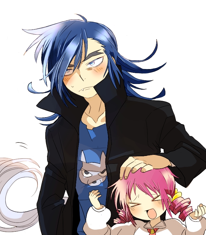 &gt;_&lt; 1boy 1girl ban_(ban62460424) black_jacket blue_eyes blue_hair blue_shirt commentary_request drill_hair fang fang_out hetero high_collar hoshizora_miyuki jacket long_hair pink_hair precure shirt simple_background smile_precure! twin_drills upper_body very_long_hair white_background wolfrun wolfrun_(human)