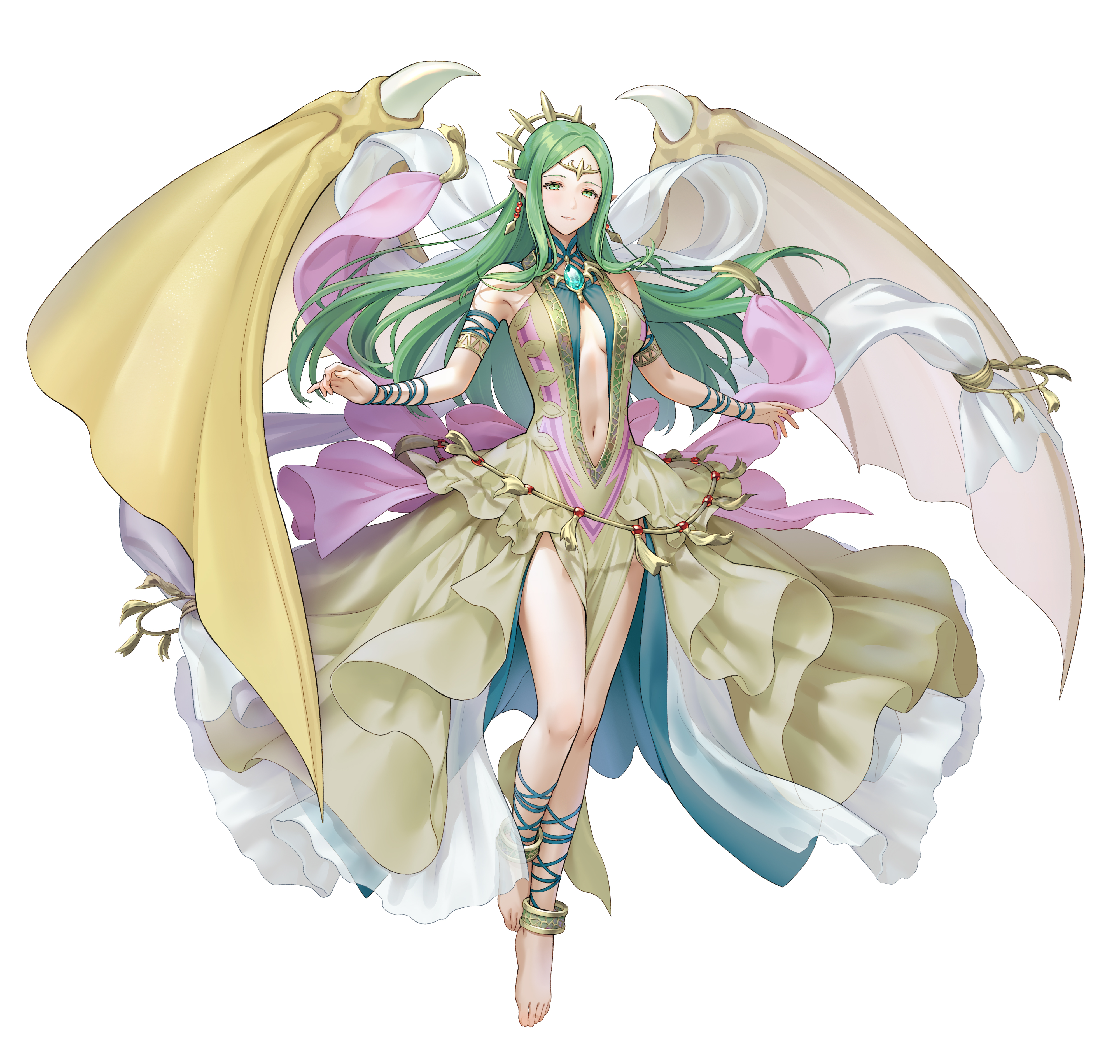 1girl absurdres anklet armlet barefoot breasts cleavage clothing_cutout dragon_girl dragon_wings dragonstone dress earrings fire_emblem fire_emblem:_mystery_of_the_emblem fire_emblem:_shadow_dragon_and_the_blade_of_light fire_emblem_heroes floating green_dress green_eyes highres jewelry light_smile long_hair looking_at_viewer naga_(fire_emblem) naga_(ruler_of_dragons)_(fire_emblem) navel navel_cutout ne-on nintendo official_alternate_costume official_art pendant plunging_neckline pointy_ears shawl small_breasts solo tachi-e tiara transparent_background wings