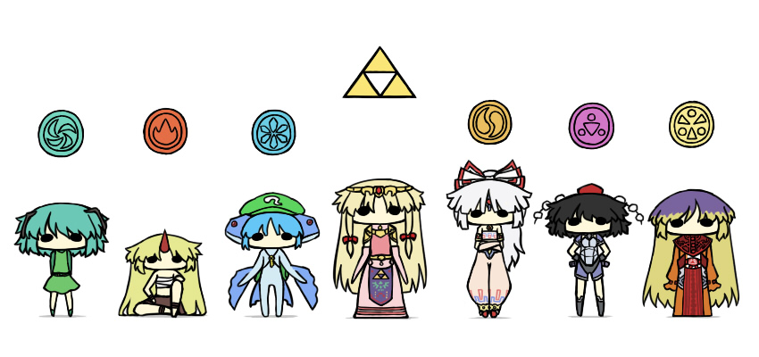6+girls antennae armor arms_behind_back bad_id bad_pixiv_id black_hair blonde_hair blue_hair bow chest_sarashi chibi cosplay crossed_arms crossover darunia fujiwara_no_mokou green_hair hair_bow hat hijiri_byakuren horns hoshiguma_yuugi impa impa_(cosplay) kawashiro_nitori key kurokoori long_hair multicolored_hair multiple_girls nabooru nabooru_(cosplay) nintendo parody princess_ruto princess_ruto_(cosplay) princess_zelda princess_zelda_(cosplay) purple_hair rauru_(ocarina_of_time) rauru_(ocarina_of_time)_(cosplay) sarashi saria_(zelda) saria_(zelda)_(cosplay) shameimaru_aya silver_hair simple_background single_horn sitting standing the_legend_of_zelda the_legend_of_zelda:_ocarina_of_time tokin_hat touhou triforce two-tone_hair white_background wide_face wriggle_nightbug yakumo_yukari