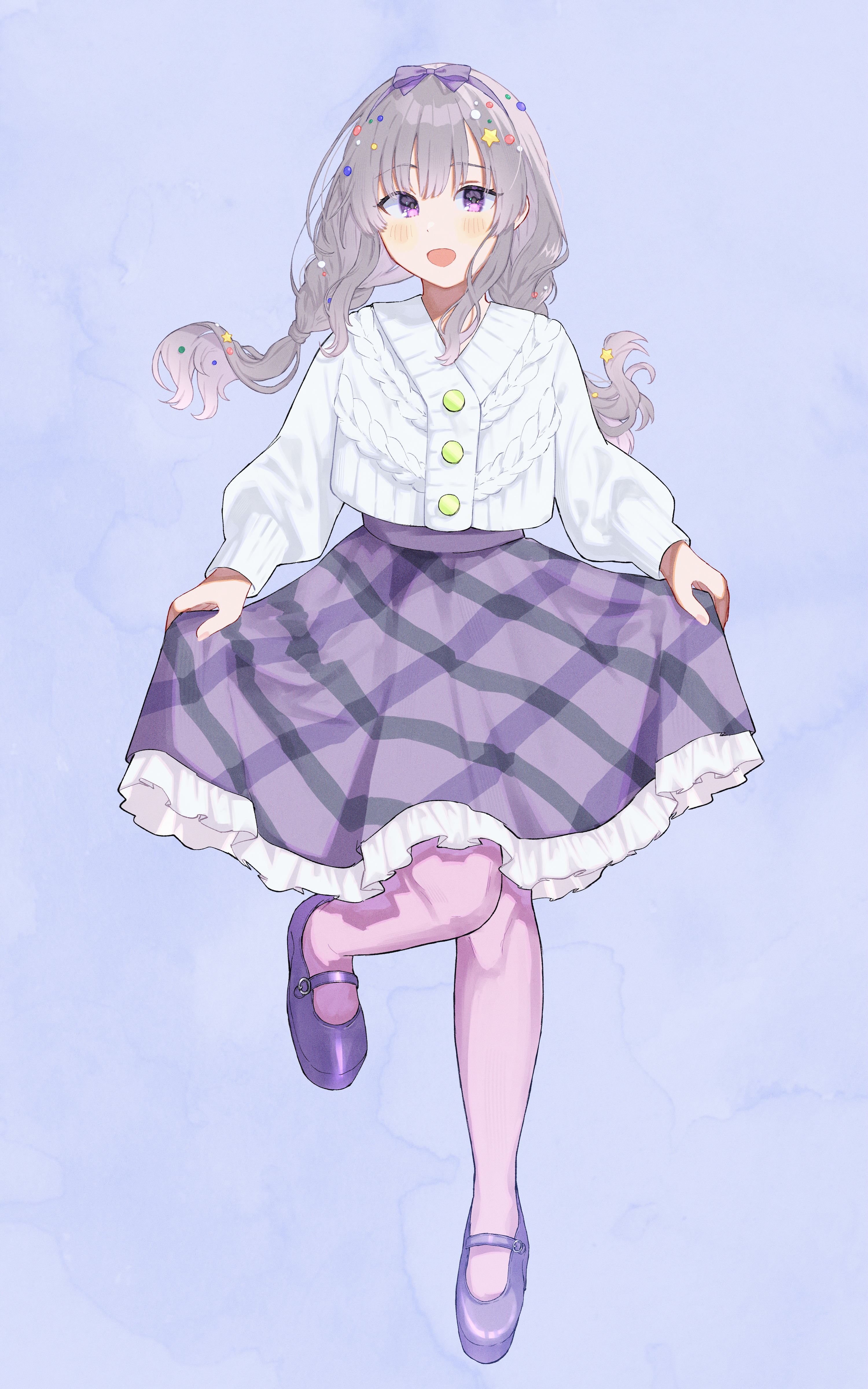 1girl 965ma_mogumogu absurdres blue_background blunt_bangs border bow braid buttons cable_knit cardigan commentary dot_nose eyelashes foot_up frilled_skirt frills full_body grey_hair hair_ribbon hairband highres idolmaster idolmaster_shiny_colors light_blush long_hair long_sleeves looking_at_viewer low_twin_braids mary_janes open_mouth pantyhose pink_pantyhose purple_bow purple_eyes purple_hairband purple_pantyhose purple_skirt ribbon shoes simple_background skirt skirt_hold smile solo twin_braids white_cardigan yukoku_kiriko