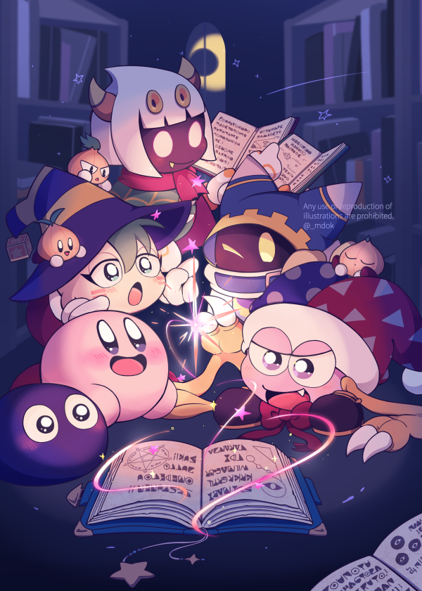 :d :o artist_name blue_eyes blue_headwear blunt_bangs blush book bookshelf bow bowtie brown_footwear cape closed_eyes closed_mouth commentary_request dark_skin fang fang_out gloves gooey_(kirby) green_cape green_hair gryll_(kirby) hat holding holding_book horns indoors jester_cap kirby kirby_(series) lying magic magolor marx_(kirby) midooka_(o_k_k) nintendo no_humans on_head on_stomach one_eye_closed open_book open_mouth pepper_(kirby) purple_eyes purple_headwear rayman_limbs red_bow red_bowtie red_headwear red_scarf salt_(kirby) scarf shoes short_hair sitting sleeping smile star_(symbol) sugar_(kirby) taranza twitter_username two-tone_headwear u_u v-shaped_eyebrows watermark white_gloves white_hair wide-eyed wings witch_hat yellow_eyes