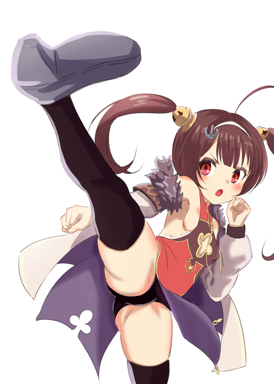 1girl :o ahoge azur_lane bare_shoulders black_panties black_thighhighs blush breasts brown_hair china_dress chinese_clothes dress female_focus fur_collar grey_footwear hairband high_kick highres kicking leg_up long_hair long_sleeves no_bra open_mouth panties ping_hai_(azur_lane) ping_hai_(retrofit)_(azur_lane) porontyo_07 red_dress red_eyes remodel_(azur_lane) sideboob simple_background small_breasts solo standing standing_on_one_leg thighhighs twintails underwear v-shaped_eyebrows white_background white_hairband