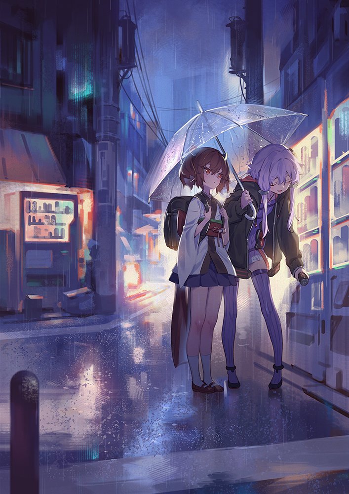 2girls backpack bag black_jacket blue_skirt brown_hair building can closed_mouth commentary dot_mouth dress hair_tubes headgear holding holding_can holding_umbrella jacket japanese_clothes kimono leaning_forward miniskirt multiple_girls night obi outdoors picking_up pleated_skirt purple_dress purple_hair purple_legwear rain red_eyes reflection sash short_kimono short_yukata sidelocks skirt smile thighhighs touhoku_kiritan transparent transparent_umbrella umbrella urban vending_machine voiceroid white_kimono yamamomo_(plank) yukata yuzuki_yukari zettai_ryouiki