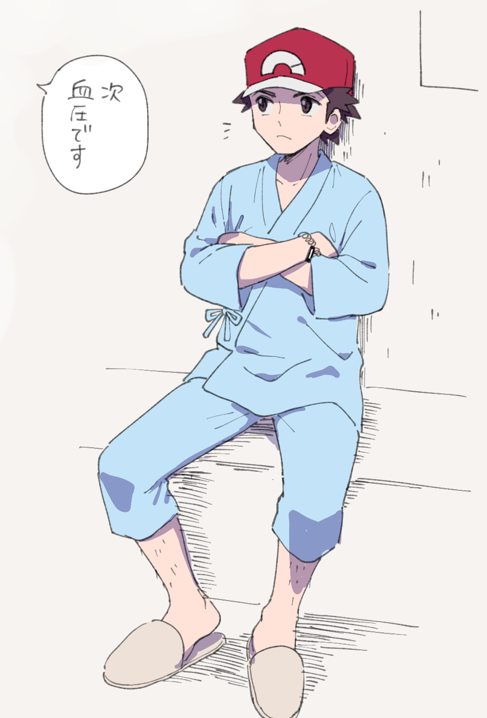 1boy blue_pants bracelet brown_eyes brown_hair commentary_request crossed_arms full_body hat highres jewelry leg_hair male_focus nintendo pants pokemon pokemon_sm pumpkinpan red_(pokemon) red_hat sitting slippers solo translation_request