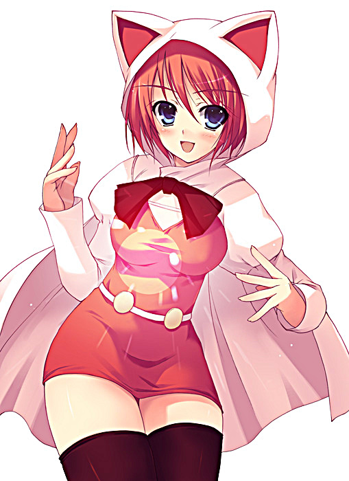 1990s_(style) 1girl animal_ears blue_eyes blush devout female_focus final_fantasy final_fantasy_iii hood red_hair refia retro_artstyle solo thighhighs