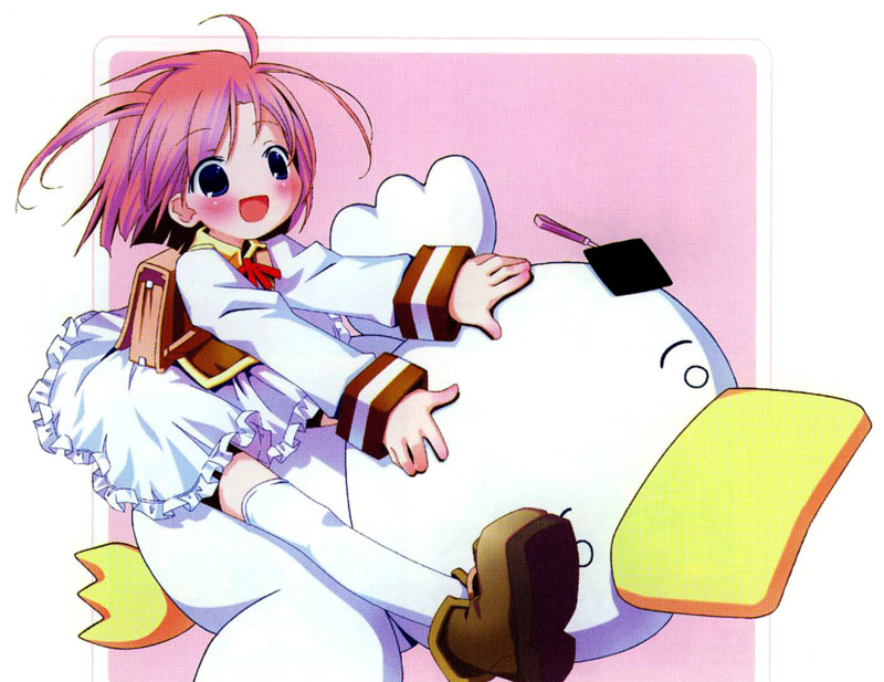 00s 1girl :d ah-kun backpack bag blue_eyes border female_focus frilled_skirt frills full_body long_sleeves messy_hair moetan nijihara_ink open_mouth outside_border pink_background pink_hair pop riding short_hair simple_background skirt smile solo thighhighs white_skirt zettai_ryouiki