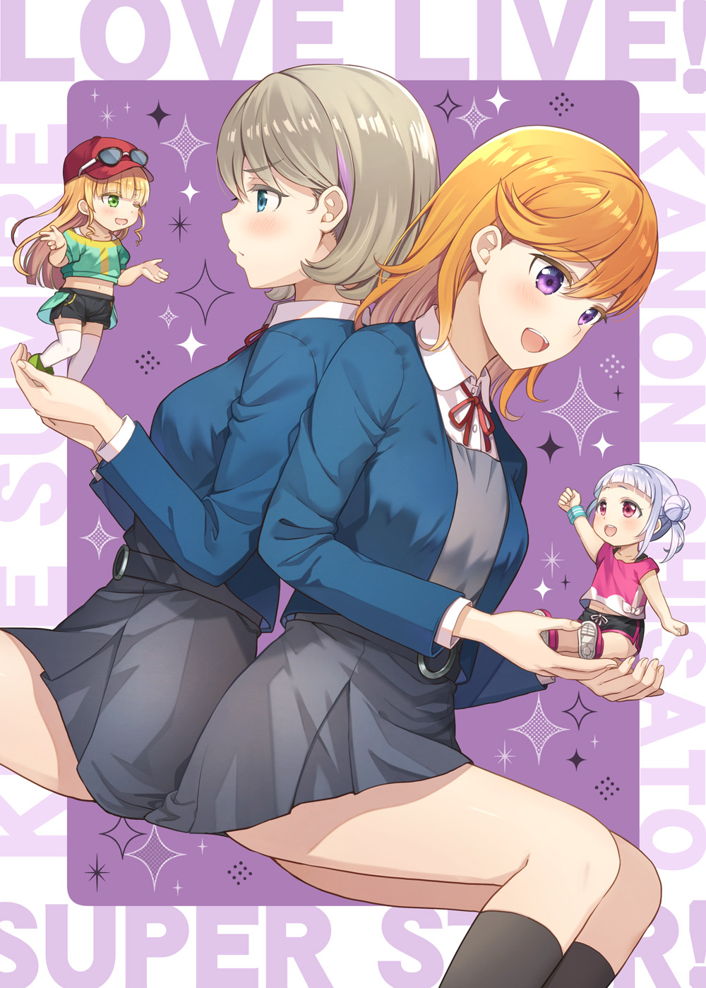 4girls arashi_chisato black_socks blazer blue_jacket blush brown_hair chibi chibi_inset collared_shirt dress dress_shirt floating grey_skirt grey_vest heanna_sumire highres jacket kneehighs long_sleeves looking_at_another love_live! love_live!_superstar!! miniskirt multiple_girls neck_ribbon open_clothes open_jacket orange_hair pinafore_dress red_neckwear ribbon sakurai_makoto_(custom_size) school_uniform shibuya_kanon shirt sitting skirt skirt_set sleeveless_dress socks tang_keke thighs vest white_shirt yuigaoka_school_uniform