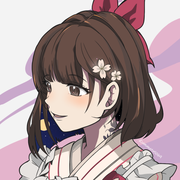 1girl :d amanatsu_(amanatu5069) apron blunt_bangs blunt_ends bow brown_eyes brown_hair flower frilled_apron frills hair_bow hair_flower hair_ornament japanese_clothes kimono looking_ahead neck_tattoo open_mouth parted_lips pink_background pink_flower pink_kimono portrait red_bow reverse:1999 satsuki_(reverse:1999) short_hair smile solo tattoo twitter_username two-tone_background white_apron white_background