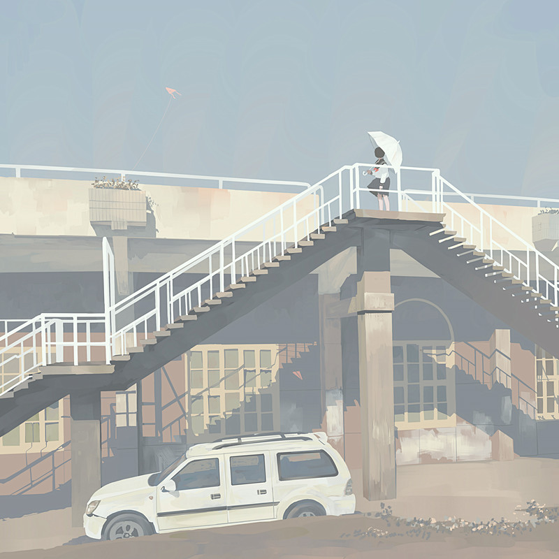 1girl bangqiao_yan black_hair bob_cut building car day female_focus kite motor_vehicle muted_color original paper_airplane parasol railing scenery school_uniform serafuku shadow short_hair sky solo sports_utility_vehicle stairs umbrella