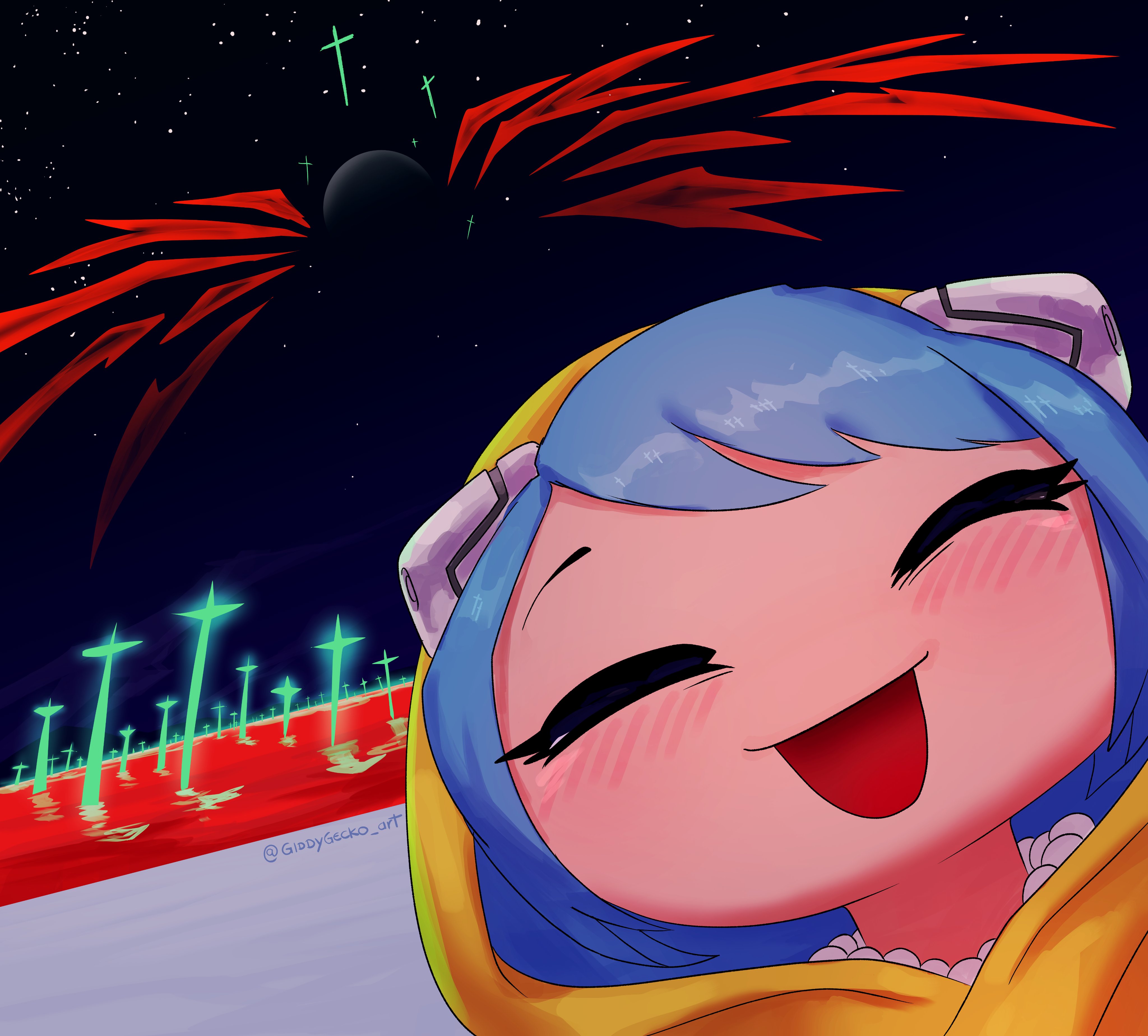 1girl :d absurdres artist_name bead_necklace beads blue_hair blush chibi close-up closed_eyes commentary english_commentary facing_viewer giddygecko_art highres interface_headset_(evangelion) jewelry jubilee_2025 large_cross lcl luce_(jubilee_2025) mecha_pilot_suit necklace neon_genesis_evangelion night night_sky open_mouth parody plugsuit_(evangelion) raincoat red_ocean short_hair sky smile solo star_(sky) starry_sky the_end_of_evangelion third_impact twitter_username upper_body yellow_raincoat