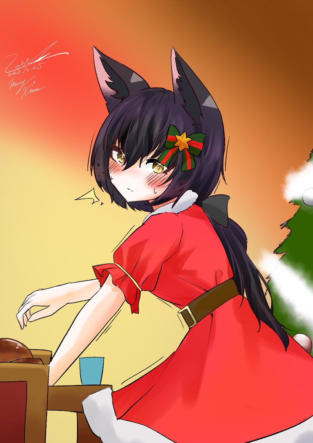 belt black_bow black_hair black_serval_(kemono_friends) blush bow brown_belt dress frilled_sleeves frills fur_collar fur_trim green_bow hair_between_eyes hair_bow highres kemono_friends long_hair looking_at_viewer low_ponytail ponytail red_bow red_dress santa_costume shironappa_46 short_sleeves sidelocks sweatdrop two-tone_bow white_fur yellow_eyes