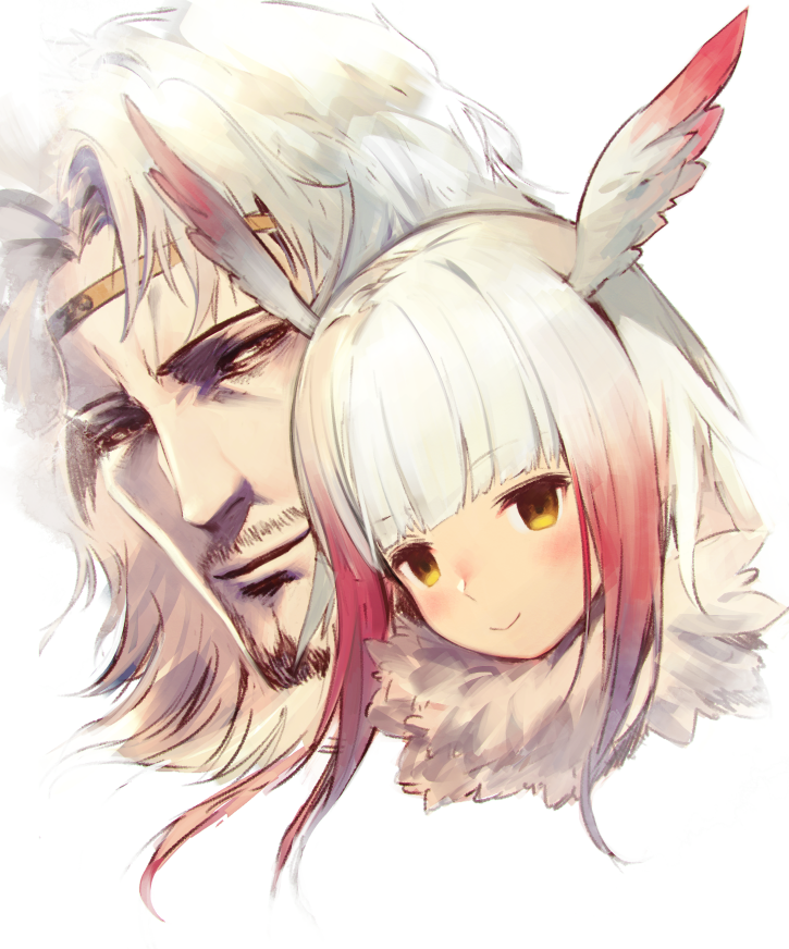 10s 1boy 1girl blunt_bangs blush crossover head_wings hokuto_no_ken japanese_crested_ibis_(kemono_friends) kemono_friends kodama_(wa-ka-me) long_hair medium_hair multicolored_hair name_connection silver_hair simple_background smile toki_(hokuto_no_ken) two-tone_hair white_background wings yellow_eyes