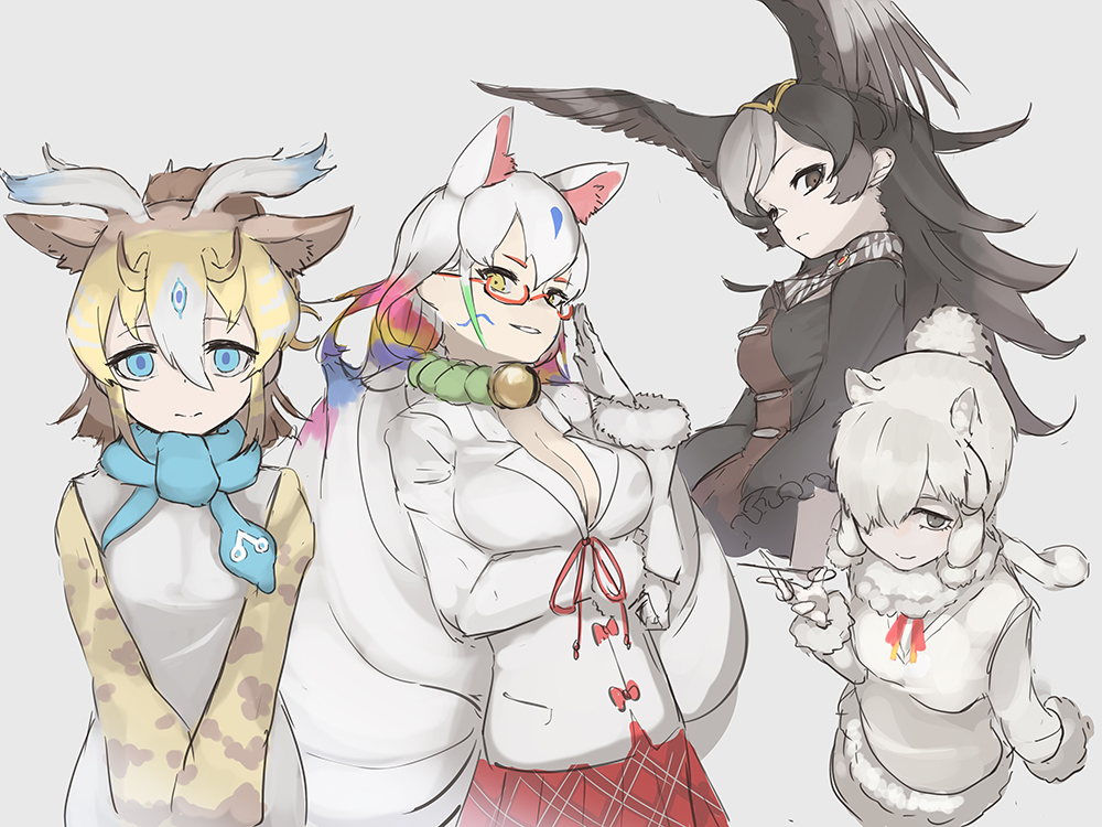 4girls adjusting_eyewear alpaca_ears alpaca_girl alpaca_suri_(kemono_friends) animal_ears animal_print bird_girl bird_wings blonde_hair blue_scarf brown_hair brown_neckwear circlet don3 extra_ears fox_ears fox_girl fox_tail fur_collar fur_trim giraffe_ears giraffe_girl giraffe_horns giraffe_print hair_bun hair_over_one_eye hair_tubes head_wings horns kemono_friends kyuubi_(kemono_friends) long_hair long_sleeves looking_at_viewer multicolored_hair multiple_girls multiple_tails plaid_clothes plaid_skirt pleated_skirt print_sleeves red_skirt scarf semi-rimless_eyewear shirt short_hair single_hair_bun sivatherium_(kemono_friends) skirt striated_caracara_(kemono_friends) striped_clothes striped_scarf sweater tail two-tone_hair two-tone_neckwear vest white_fur white_hair white_neckwear white_shirt white_sweater white_vest wings yellow_eyes
