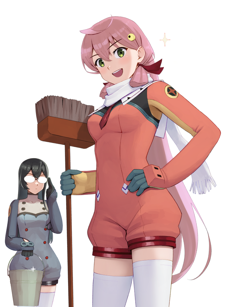 2girls akashi_(kancolle) black_gloves black_hair breasts broom bucket cosplay glasses gloves green_eyes hair_between_eyes hair_ornament hair_ribbon hand_on_own_hip holding holding_broom holding_bucket kantai_collection medium_breasts multiple_girls nono_(top_wo_nerae_2!) nono_(top_wo_nerae_2!)_(cosplay) nyan_nok_cham nyan_nok_cham_(cosplay) ooyodo_(kancolle) opaque_glasses open_mouth pink_hair porupurucha red_ribbon ribbon scarf thighhighs top_wo_nerae!_(series) top_wo_nerae_2! tress_ribbon white_scarf white_thighhighs