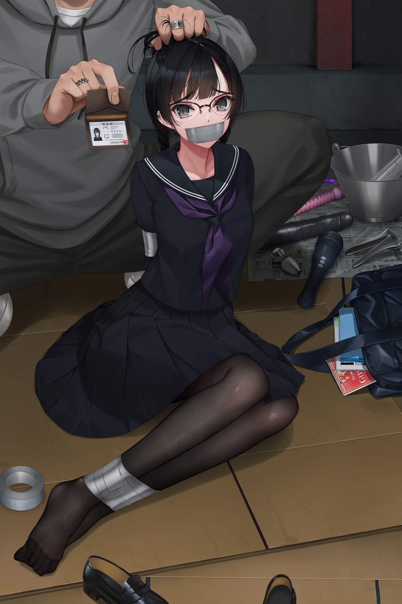1boy 1girl arms_behind_back bag black_eyes black_pantyhose black_sailor_collar black_serafuku black_shirt black_shoes black_skirt bound bound_legs braid butt_plug commentary_request dildo gag glasses grabbing_another&#039;s_hair highres hitachi_magic_wand id_card improvised_gag jewelry loafers murakami_suigun neckerchief no_shoes original pantyhose pleated_skirt purple_neckerchief restrained ring sailor_collar school_bag school_uniform serafuku sex_toy shirt shoes skirt syringe tape tape_gag twin_braids unworn_shoes vibrator
