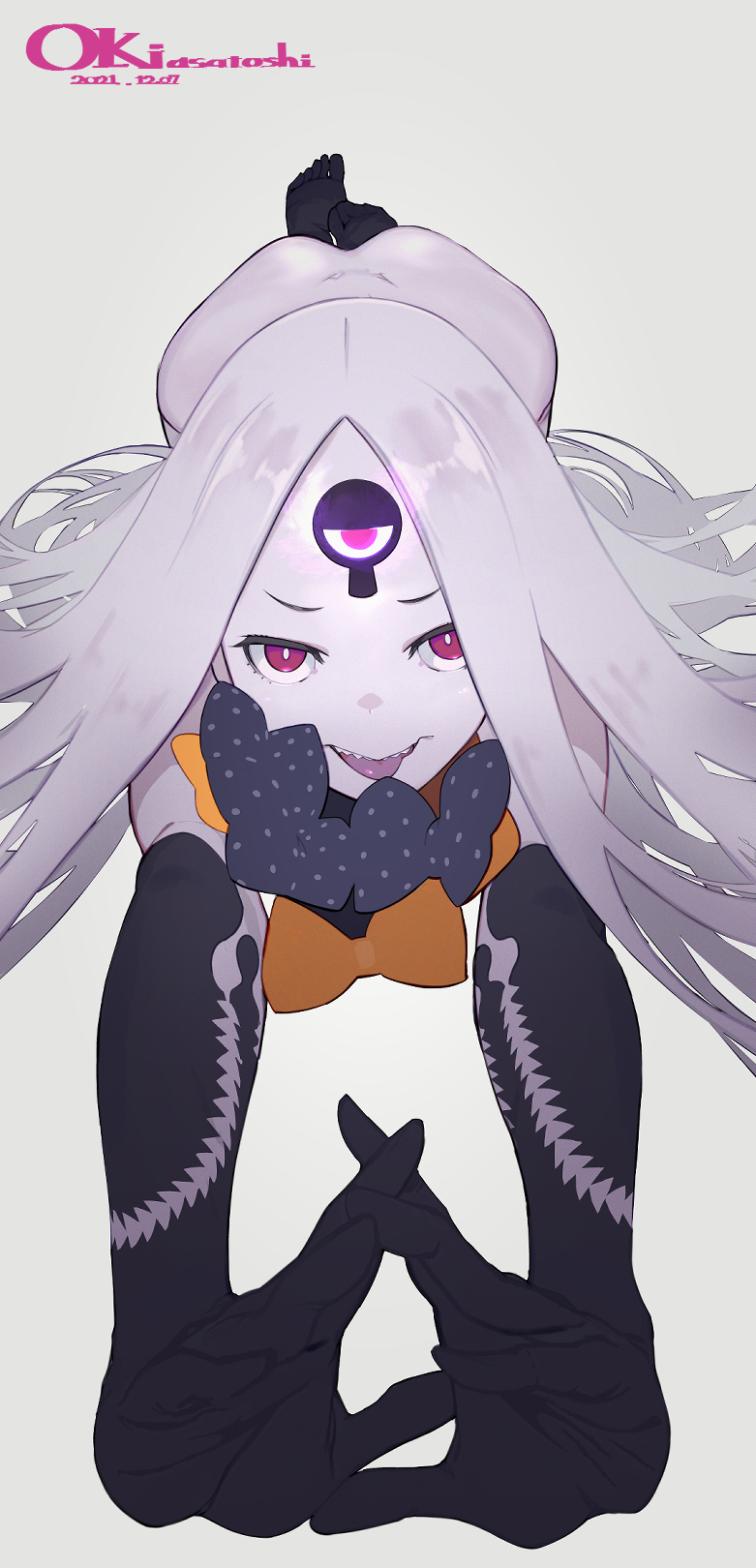 1girl abigail_williams_(fate) abigail_williams_(third_ascension)_(fate) ass black_bow bow breasts colored_skin fate/grand_order fate_(series) forehead hair_bow highres keyhole long_hair looking_at_viewer lying multiple_bows nude on_stomach orange_bow outstretched_arms parted_bangs polka_dot polka_dot_bow red_eyes simple_background small_breasts smile solo teeth third_eye tongue tongue_out white_background white_hair white_skin wr_(karakusa_senbei)