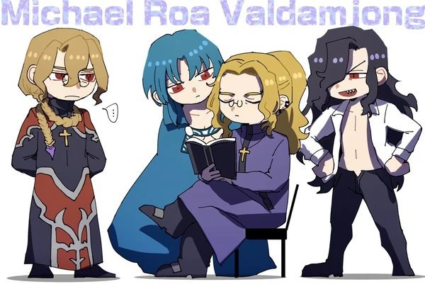 1girl 3boys arms_behind_back bad_id bad_pixiv_id black_hair blonde_hair blue_hair braid braided_ponytail chibi ciel_(tsukihime) closed_eyes closed_mouth collared_shirt crossed_legs dark_persona dual_persona evil_smile expressionless fate/grand_order fate_(series) glasses hair_over_one_eye jewelry looking_at_another melty_blood michael_roa_valdamjong michael_roa_valdamjong_(human) multiple_boys necklace open_clothes open_shirt ponytail priest reading red_eyes roa-ciel sharp_teeth shirt sitting smile tarantella_(fate) teeth tsukihime vampire