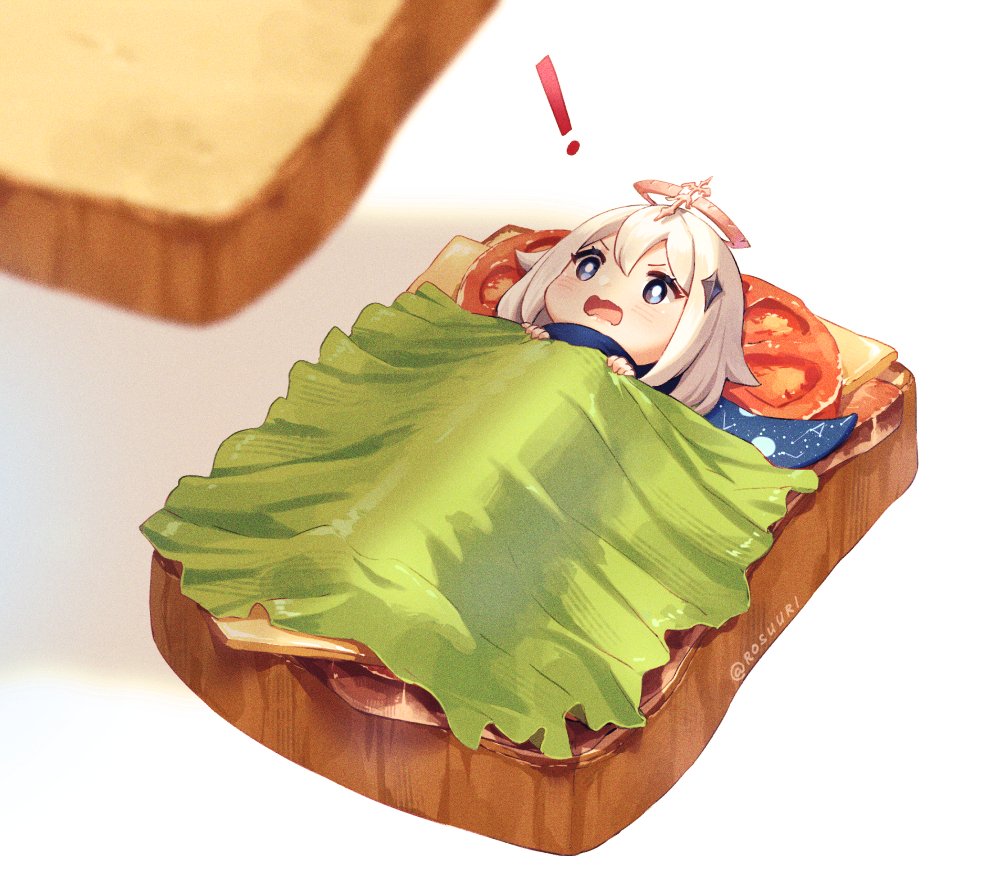 ! 1girl blue_eyes bread commentary emergency_food english_commentary food genshin_impact hair_ornament halo in_food lettuce mini_person minigirl open_mouth paimon_(genshin_impact) rosuuri sandwich short_hair solo tomato twitter_username white_hair