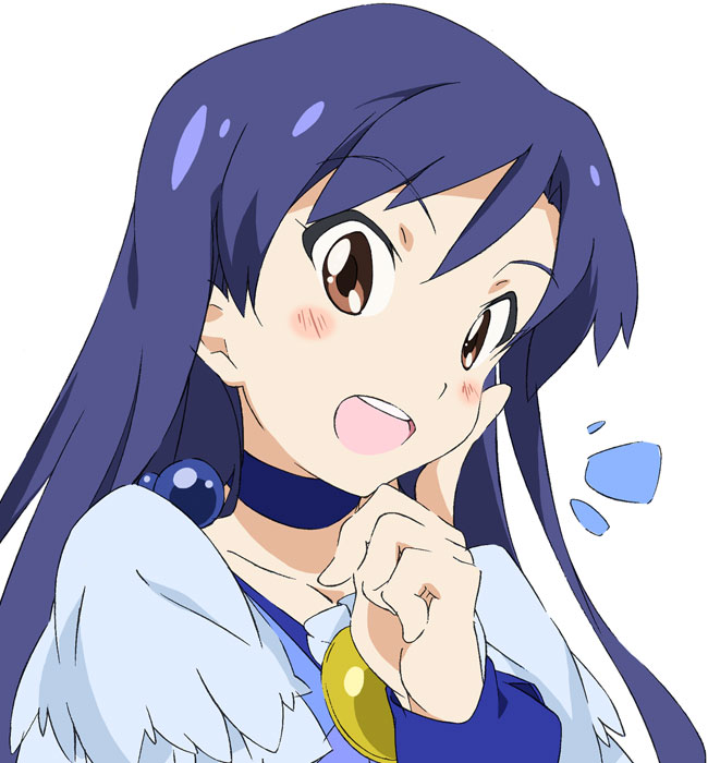 1girl blue_hair blue_theme blush_stickers brown_eyes choker collarbone cosplay cure_beauty cure_beauty_(cosplay) female_focus idolmaster idolmaster_(classic) kisaragi_chihaya long_hair open_mouth precure smile smile_precure! solo umanosuke
