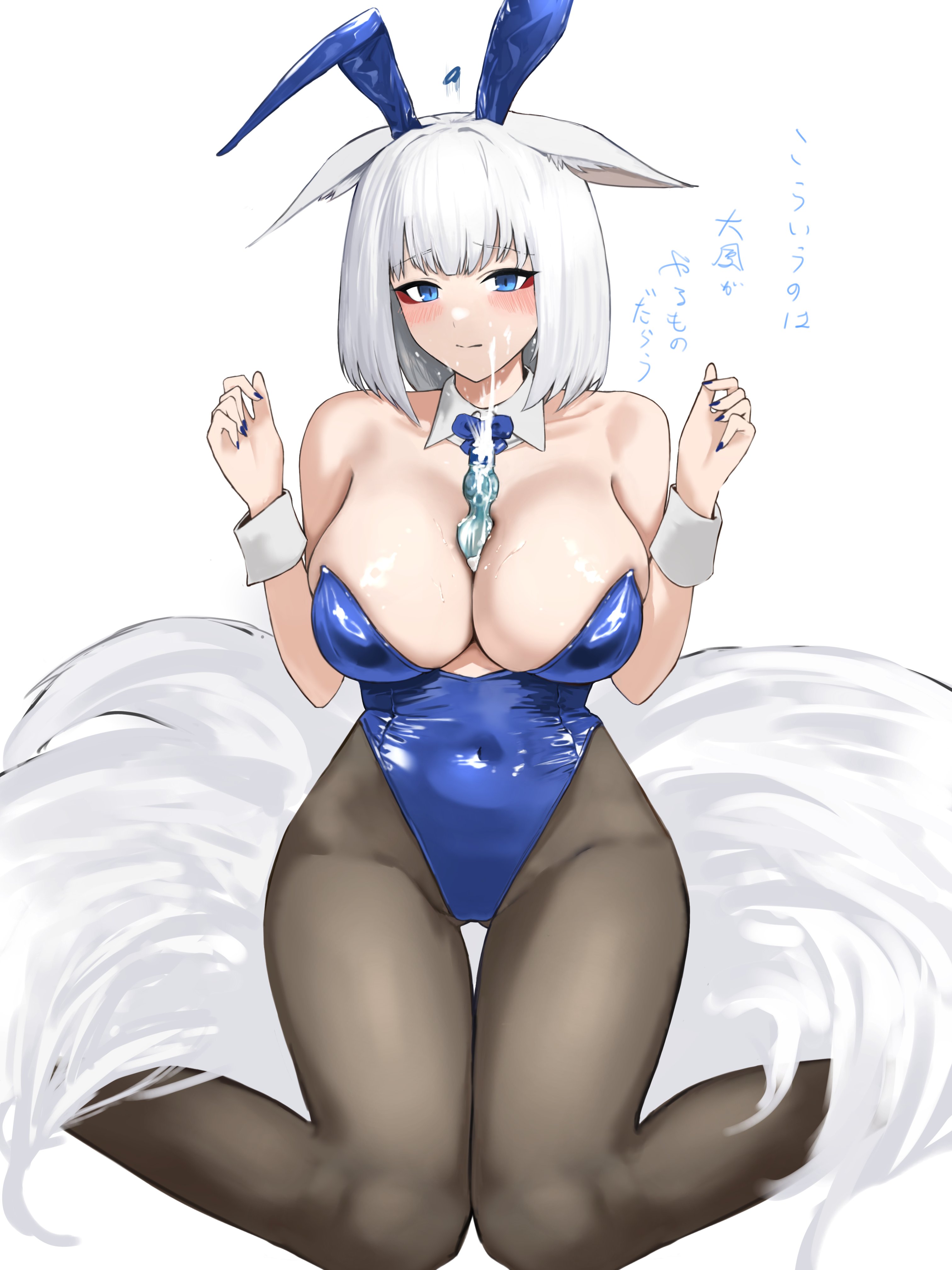 1girl absurdres akizuki_(17769498) animal_ear_hairband animal_ears azur_lane bare_shoulders between_breasts black_pantyhose blue_eyes blue_leotard blue_nails blush breasts closed_mouth collar collarbone covered_navel ears_down fake_animal_ears fox_ears fox_girl fox_tail hairband highres kaga_(azur_lane) large_breasts leotard pantyhose playboy_bunny rabbit_ear_hairband rabbit_ears solo tail thigh_gap white_collar white_hair white_wrist_cuffs wrist_cuffs