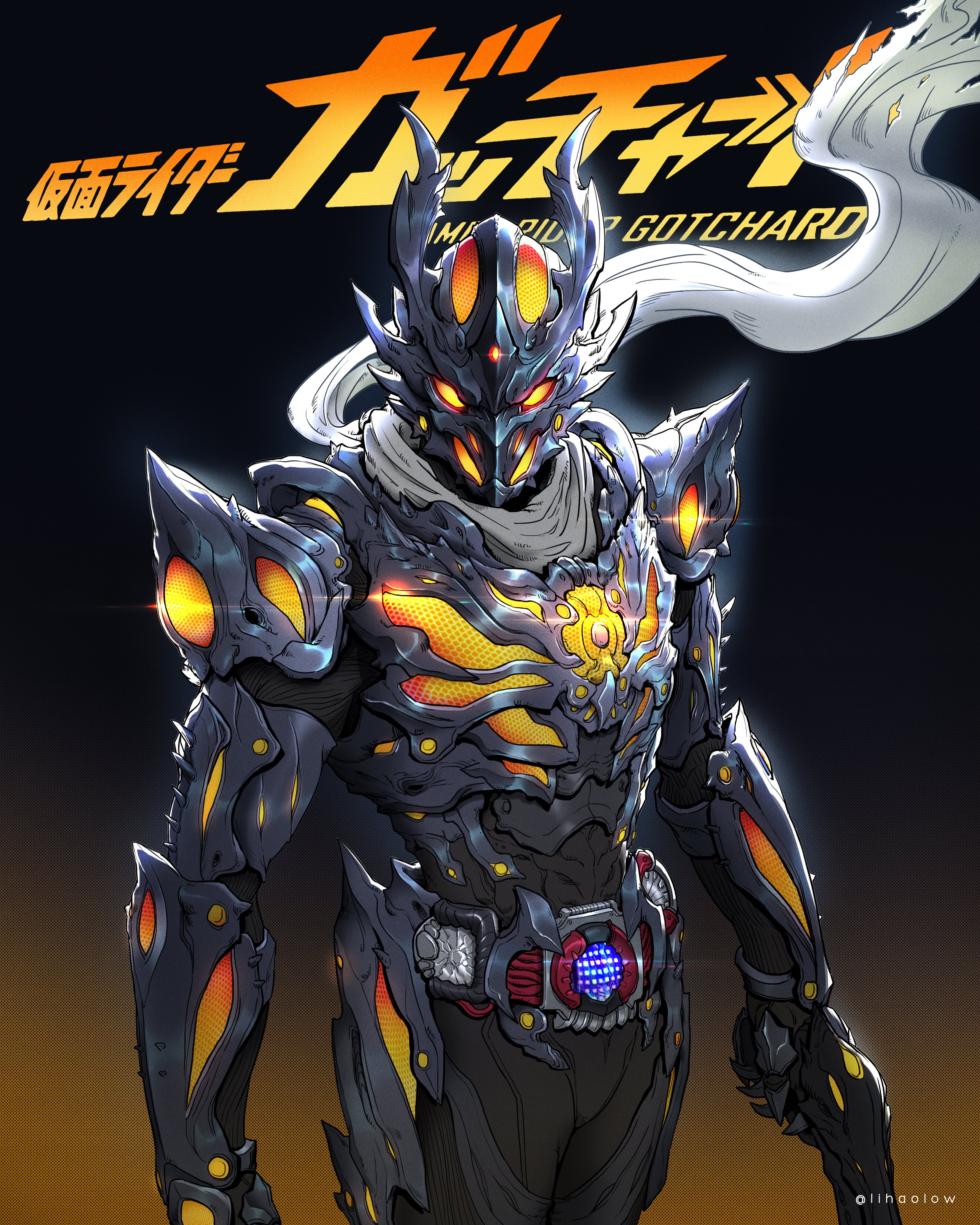 1boy absurdres armor black_armor black_bodysuit blue_armor blue_gloves bodysuit copyright_name dreadriver rider_belt dutch_angle gauntlets gloves glowing glowing_eyes highres holding kamen_rider kamen_rider_dread kamen_rider_gotchard_(series) lihaolow looking_at_viewer male_focus reiwa rider_belt scarf shoulder_armor skeleton tokusatsu torn_clothes torn_scarf type_zero_form white_scarf yellow_eyes