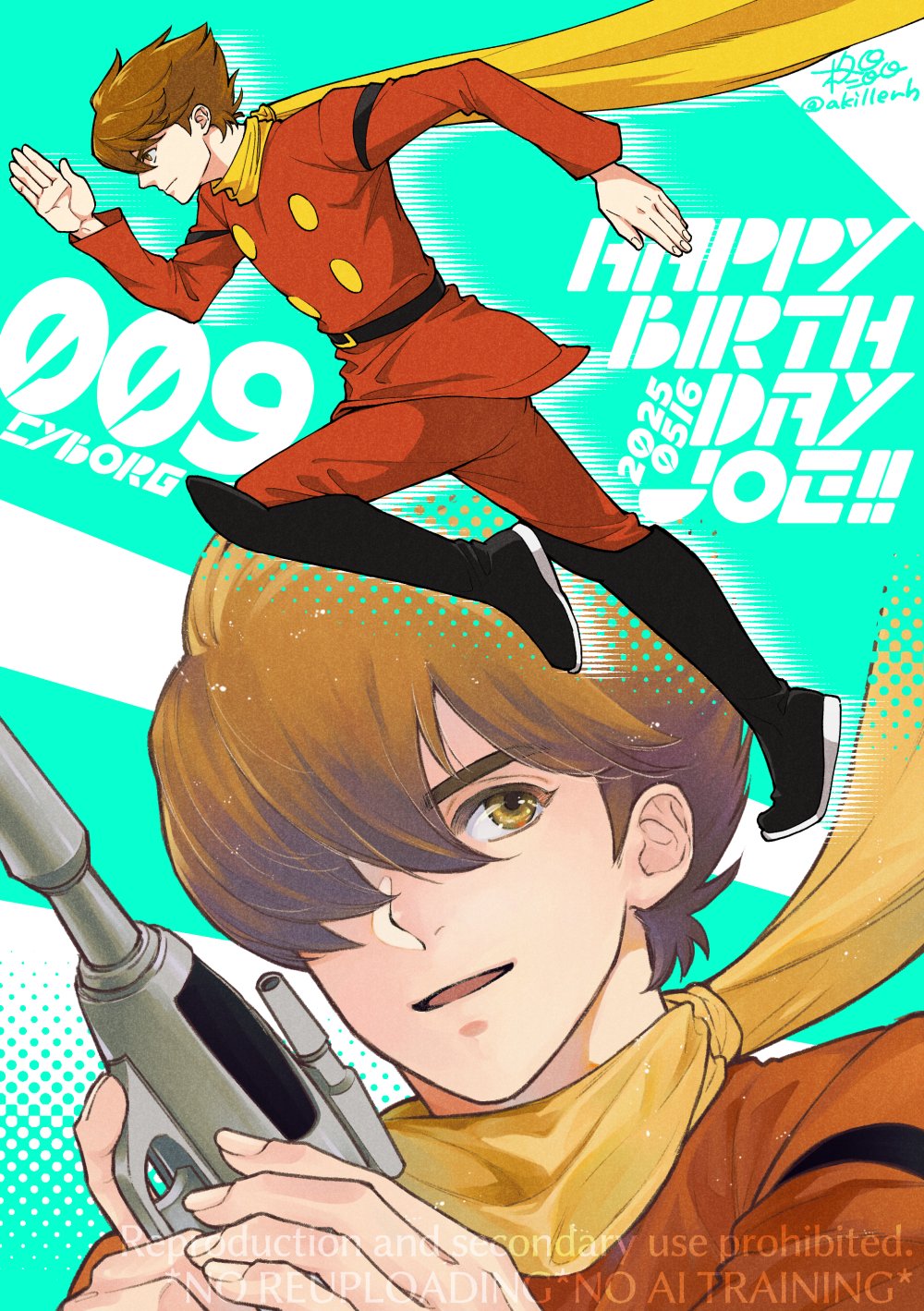 1boy black_boots boots brown_eyes brown_hair coat cyborg cyborg_009 dragon-inn dynamic_pose gun hair_over_one_eye happy_birthday highres holding holding_gun holding_weapon light_smile male_focus pants red_coat red_pants running scarf shimamura_joe short_hair soldier weapon yellow_scarf