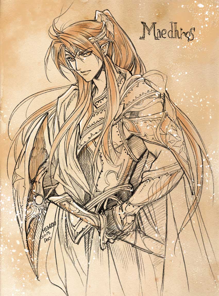 1boy armor breastplate cape character_name closed_mouth cowboy_shot dated hair_between_eyes holding holding_sword holding_weapon kazuki-mendou tolkien&#039;s_legendarium loincloth looking_at_viewer maedhros male_focus one-hour_drawing_challenge pauldrons ponytail shoulder_armor signature solo standing sword the_silmarillion traditional_media weapon