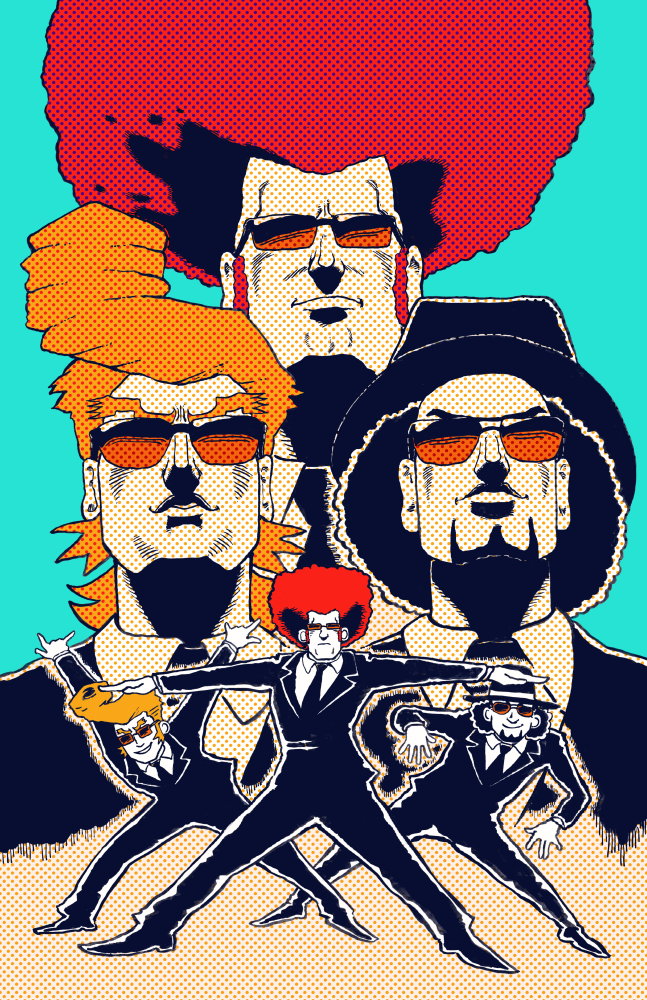 3boys afro agent_derek agent_j agent_morris black_hair black_hat black_necktie commentary elite_beat_agents facial_hair goatee hat joe_whitt long_sideburns male_focus multiple_boys necktie orange-tinted_eyewear orange_hair outstretched_arms pompadour red_hair sideburns sunglasses tinted_eyewear